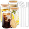 Set of 4 Drinking Glass Set with Bamboo Lids and Glass Straws - Mega Cart